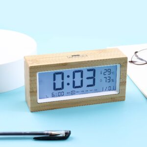 Eco-Friendly Hot Promotion Records of Hygrometer Thermometer wooden bamboo Alarm Weather Station Forecast Clock with Snooze