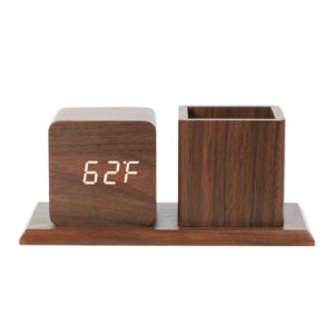 Modern LED Digital Wood Pen Holder Clock with Voice Control Alarm Clock for Home Decor or Office Use Factory Wholesale Desk Clock